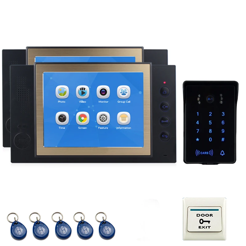 

JEX 8`` Video Door Phone Intercom system Kit 2 Voice/Video Record Black Monitor +700TVL Waterproof Password Keypad RFID Camera