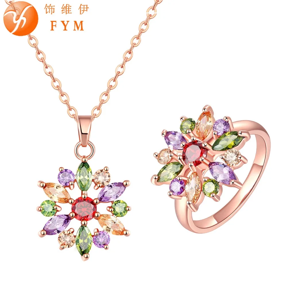 FYM Fashion Brand Flower Jewelry Sets Rose Gold Plated Colorful Crystal Pendant Necklace Zircon Rings set For Women Jewelry
FYM Fashion Brand Flower Jewelry Sets Rose Gold Plated Colorful Crystal Pendant Necklace Zircon Rings set For Women Jewelry