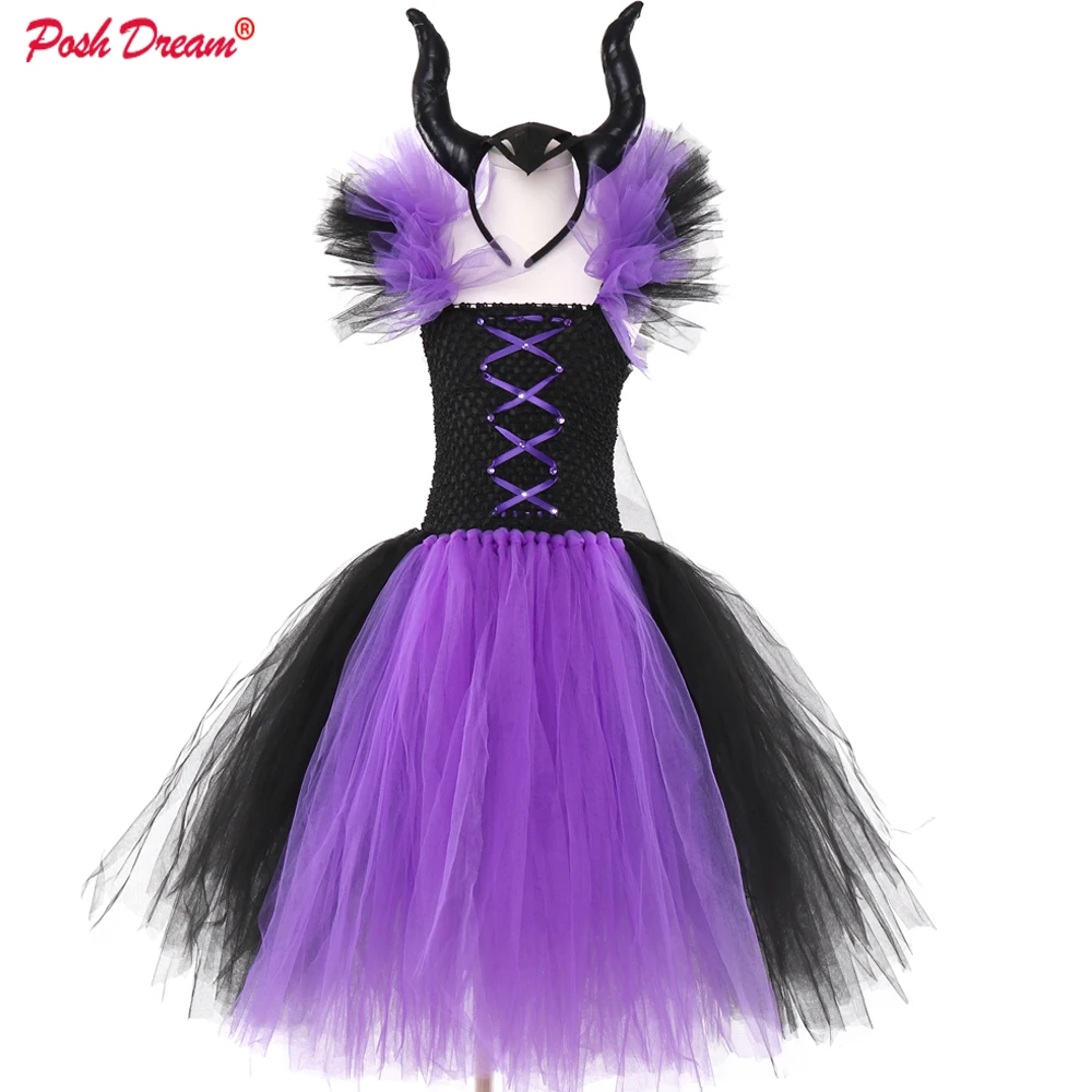 

POSH DREAM Maleficent Queen Girls Tutu Dress Kids Halloween Dress Cosplay Witch Costumes Fancy Girl Party Dress Children Clothes