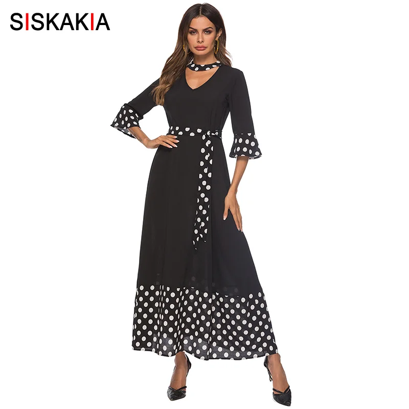 Siskakia V Neck Half Sleeve Maxi Dresses Black Polka Dot Patchwork Women Long Dress Elegant Spring Summer 2019 with Slim Sash
Siskakia V Neck Half Sleeve Maxi Dresses Black Polka Dot Patchwork Women Long Dress Elegant Spring Summer 2019 with Slim Sash