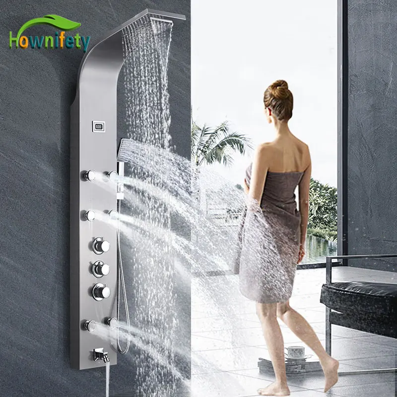 

Thermostatic Brushed Nickle Shower Column Faucet Wall Mount Bathroom Bath Shower System SPA Massage Sprayer Temperature Screen