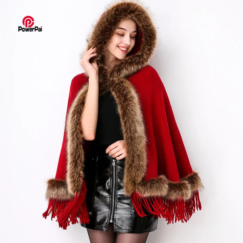 

Women Autumn Winter Knit Cashmere Poncho Hooded Good Faux Fox Fur Cape Cloak Tassels Shawl Pashmina Coat Wraps retail wholesales