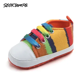 Lovely Infant Soft Bottom Shoes First Walkers Spring Autumn Kids Baby Boys Girls Stripes Rainbow Canvas Sneakers
Lovely Infant Soft Bottom Shoes First Walkers Spring Autumn Kids Baby Boys Girls Stripes Rainbow Canvas Sneakers