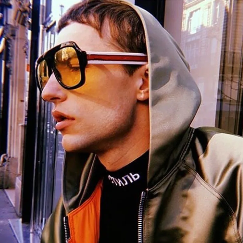 Oversized Square Frame Yellow Lens Men Stempunk Sunglasses Trend Luxury Brand Glasses Women Plastic Eyewear One Piece Shades | Аксессуары