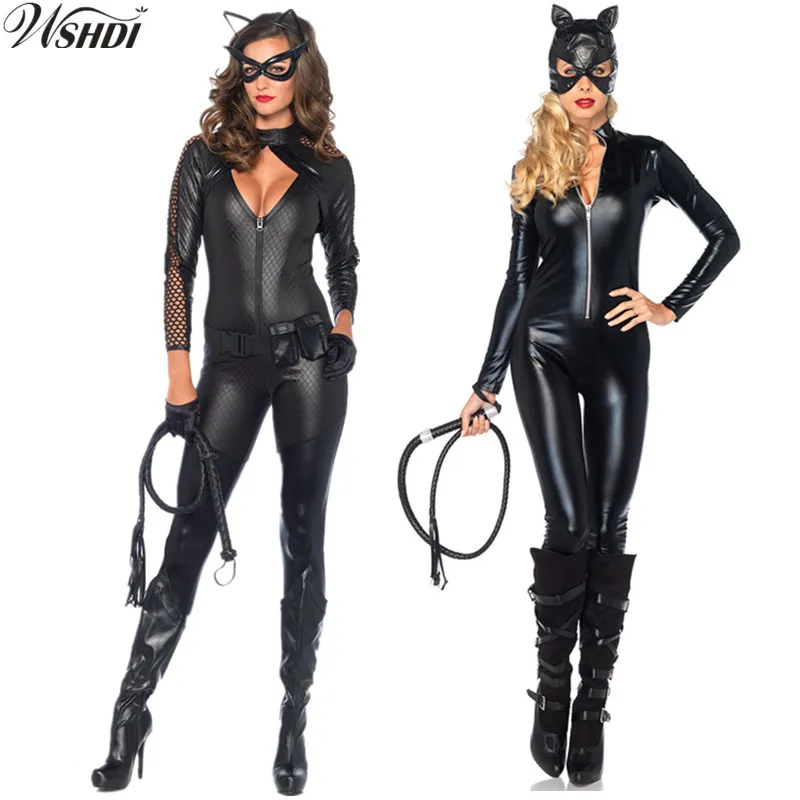 Сексуальный черный облегающий костюм кошки с животными Блестящий Комбинезон