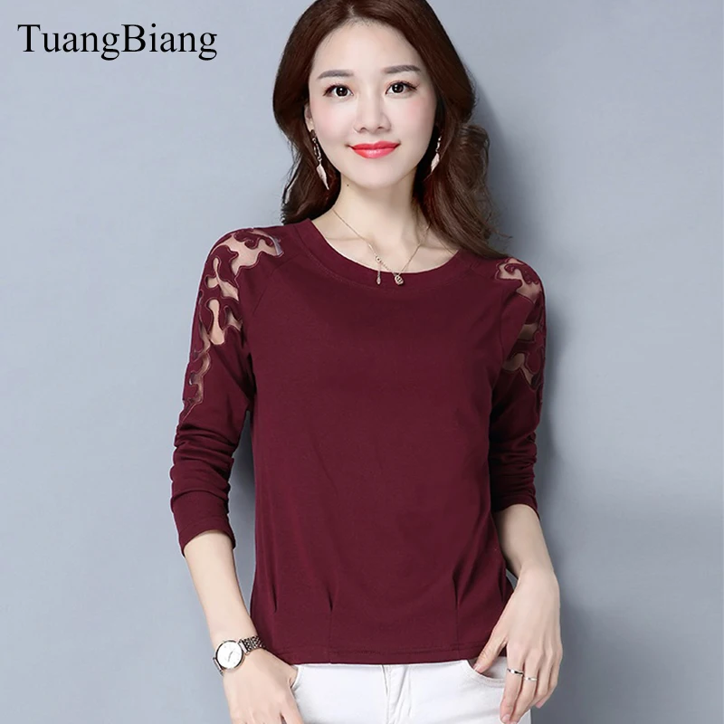 

Cotton And Linen Lace Splice T shirts Hollow Out O-Neck Ladies Off Shoulder Feminine Tee-shirts Full Sleeve Spring Autumn Tops