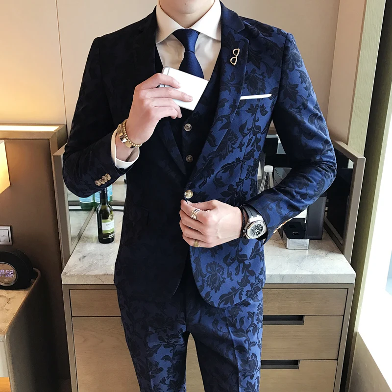 Image 2017 Mens Suits Slim Fit Blue Tuxedo Royal Print Suits Mens Dinner Jackets Elegant British Style Suits Mens Terno Smokings Club