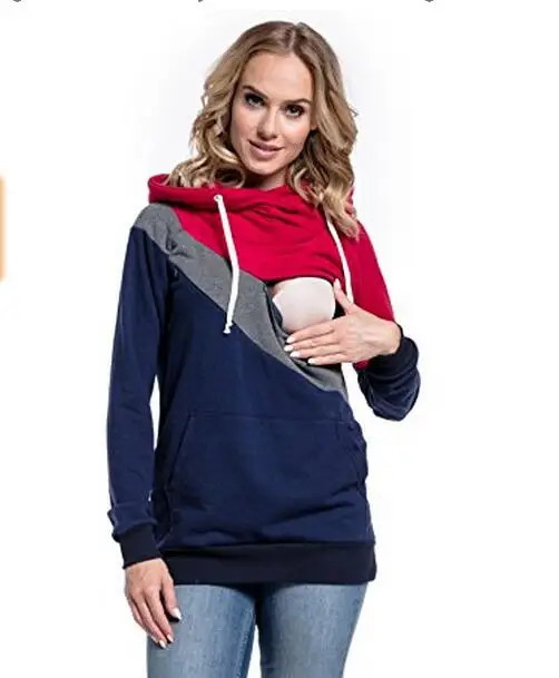 Plus Size Pregnancy Nursing Long Sleeves Maternity Clothes Hooded Breastfeeding Tops Patchwork T-shirt for Pregnant Women (8)