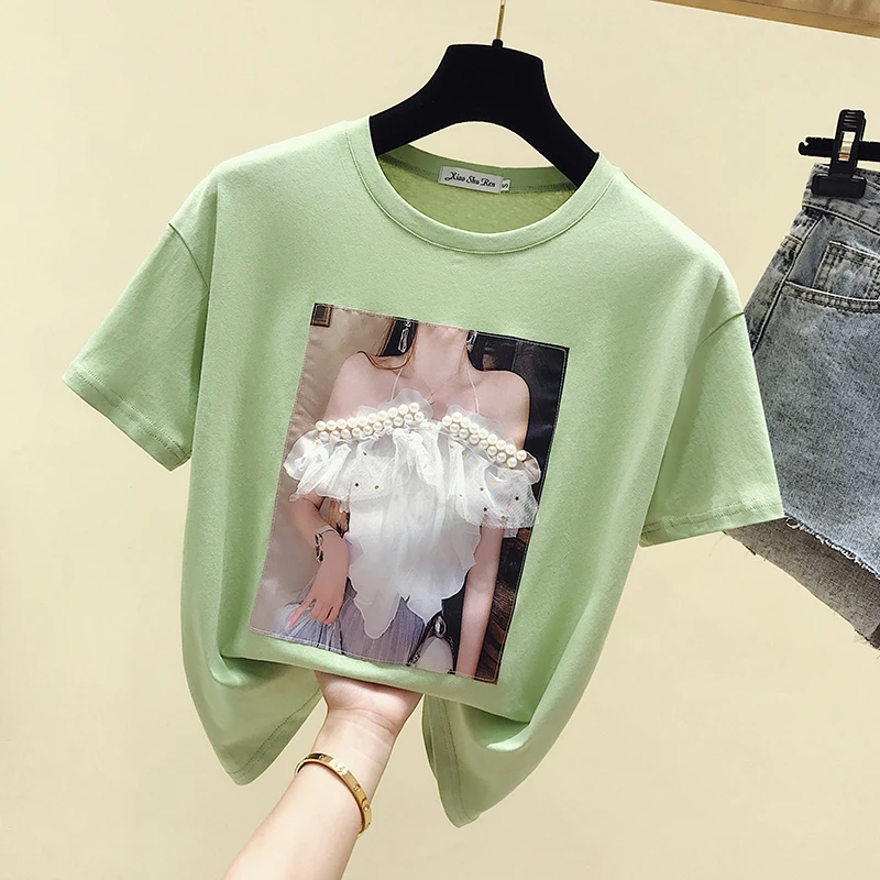 2019 Summer Women Short Sleeves O Neck Sexy Girls Print Beading T-Shirt Students Casual Pullover Tee Tops A1609
2019 Summer Women Short Sleeves O Neck Sexy Girls Print Beading T-Shirt Students Casual Pullover Tee Tops A1609