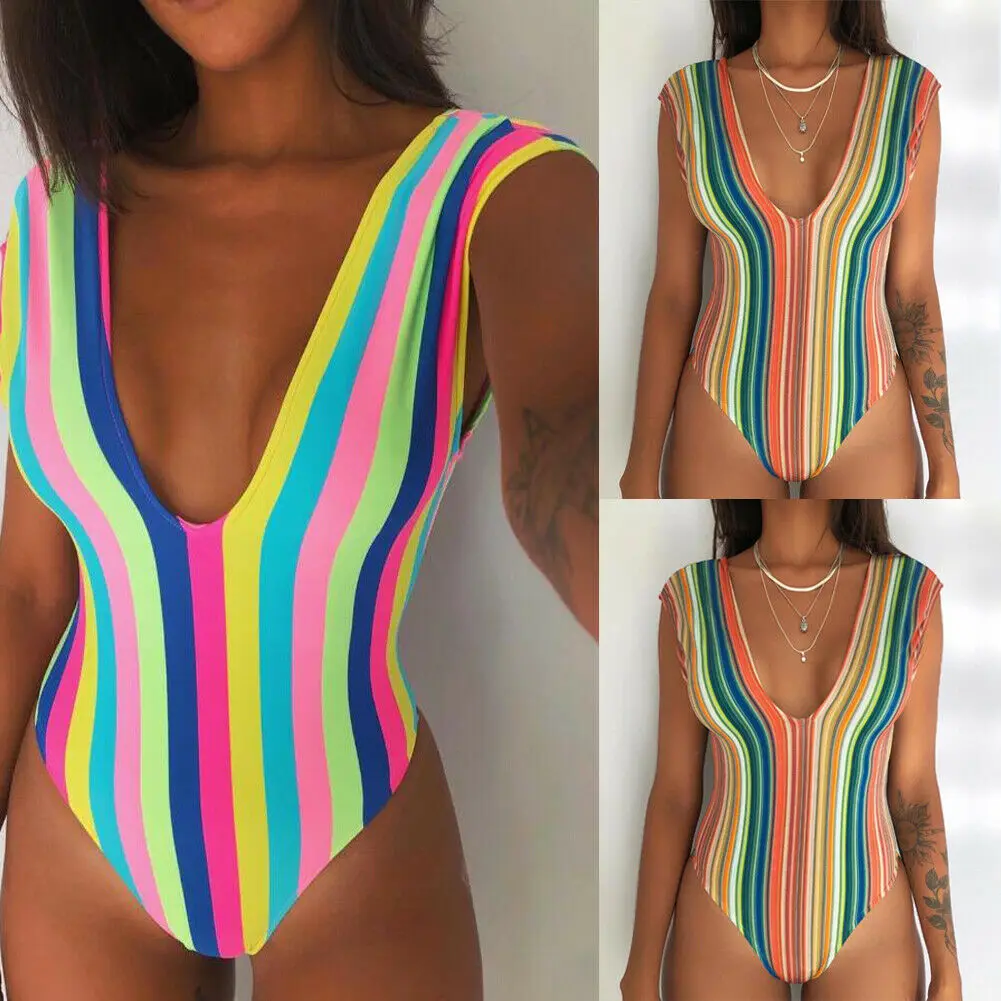 Women One-piece Rainbow Striped Swimwear Deep V Sexy Swimsuit Ladies Summer Padded Monokini Beachwear Bathing Suit
Women One-piece Rainbow Striped Swimwear Deep V Sexy Swimsuit Ladies Summer Padded Monokini Beachwear Bathing Suit