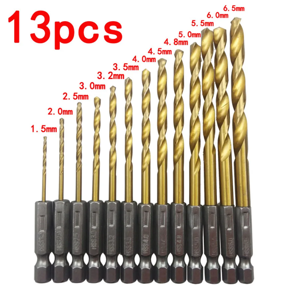 13pcs/lot HSS High Speed Steel Titanium Coated Drill Bit Set 1/4 Hex Shank 1.5-6.5mm Twist Drill bit Set
13pcs/lot HSS High Speed Steel Titanium Coated Drill Bit Set 1/4 Hex Shank 1.5-6.5mm Twist Drill bit Set