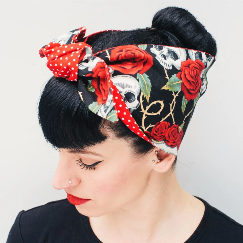 Handmade Vintage 50s Pinup Rose Skull White Red Polka Dot Pattern