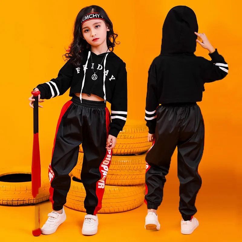 Jazz Dance Costumes Hip Hop Kids Long Sleeve Hooded Top Jogger Pants Girls Hiphop Clothes Street Dance Stage Show Wear (6)
