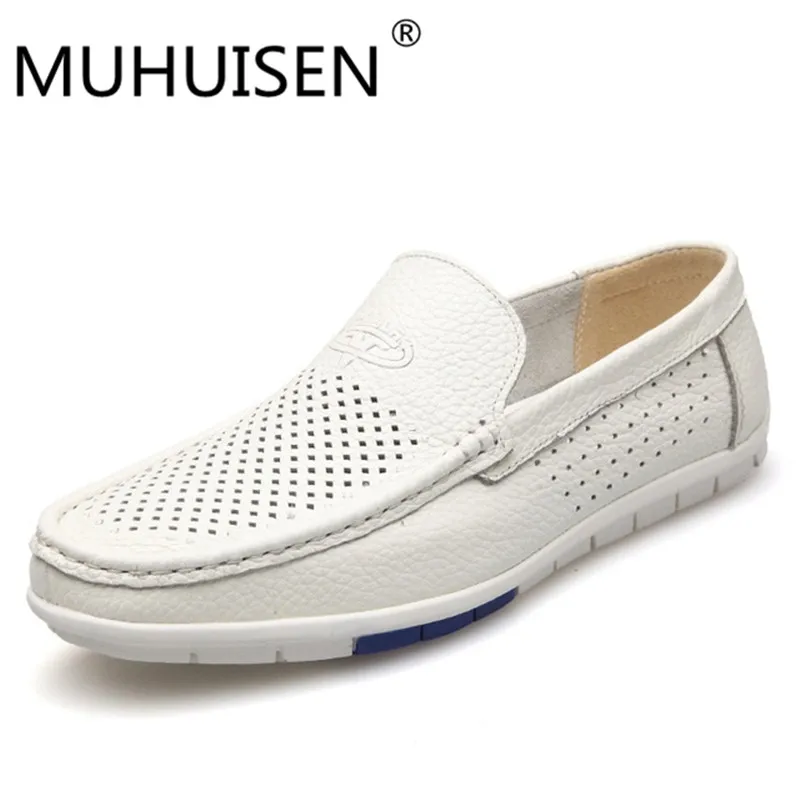 

MUHUISEN 2018 Summer Loafers Men Shoes Casual Genuine Leather Flats Shoes Soft Male Moccasins Breathable Gommino Driving white