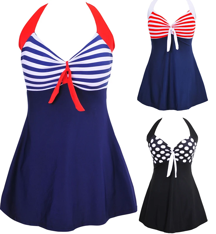 Image Sexy Stripe Padded Halter Skirt Swimwear Women One Piece Swimsuit Beachwear Bathing suit Swimwear dress Plus size M~5XL