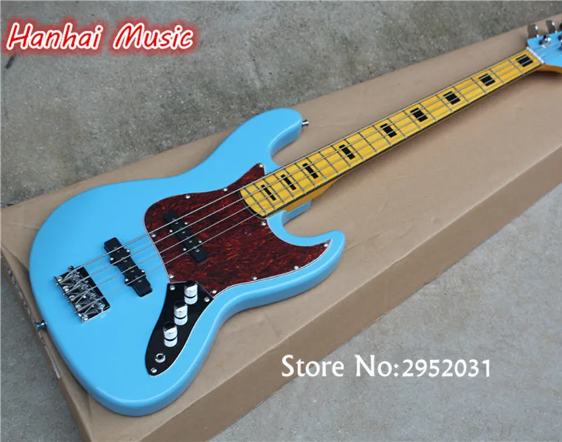 

4-String Electric Bass with Blue Color Body and Vintage Yellow Fingerboard,Black Fret Marks Inlay,Red Pickguard and can Custom