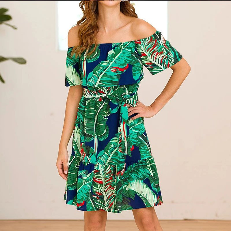 Фото Летнее винтажное Сексуальное мини солнце цветочный принт зеленое платье женское