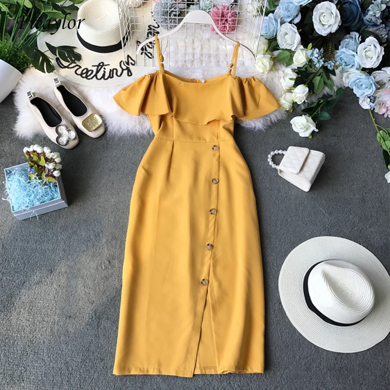 Fitaylor Women Slim Ruffles Ladies Sexy Off Shoulder Summer Knee-Length Dress Party Spaghetti Strap Casual Button Split Vestidos
Fitaylor Women Slim Ruffles Ladies Sexy Off Shoulder Summer Knee-Length Dress Party Spaghetti Strap Casual Button Split Vestidos