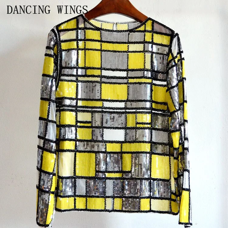 Women Spring Nail Beads Perspective Yarn Shirt Sequined Sexy Plaids Shinnig Long Sleeve Tops Women Shirts
Women Spring Nail Beads Perspective Yarn Shirt Sequined Sexy Plaids Shinnig Long Sleeve Tops Women Shirts
