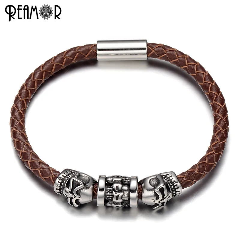 REAMOR 316l Stainless steel Skull Head Bracelets Genuine Braided Leather Charm Bracelet For Men with Magnetic Clasps Jewelry
REAMOR 316l Stainless steel Skull Head Bracelets Genuine Braided Leather Charm Bracelet For Men with Magnetic Clasps Jewelry