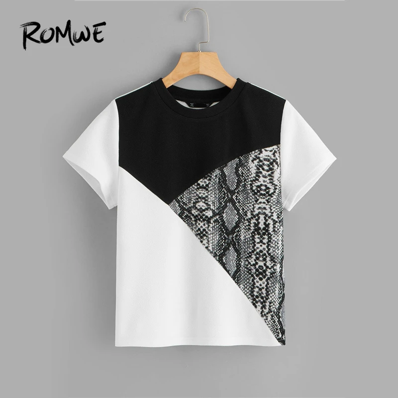 

ROMWE Cut-And-Sew Short Sleeve Tee 2019 Black And White Short Sleeve Tees Women Snakeskin Print Summer Round Neck T Shirt