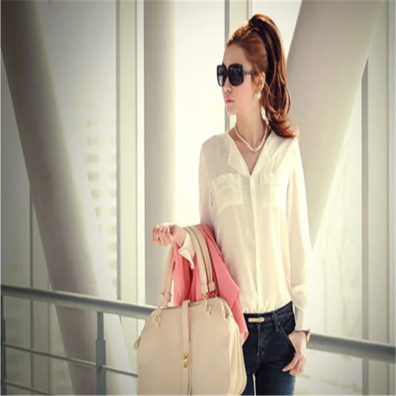 Free Shipping Women Fashion Korean Casual Solid Black And White Chiffon Slim Top Hot Long Sleeve T Shirt Blouse Shirts |