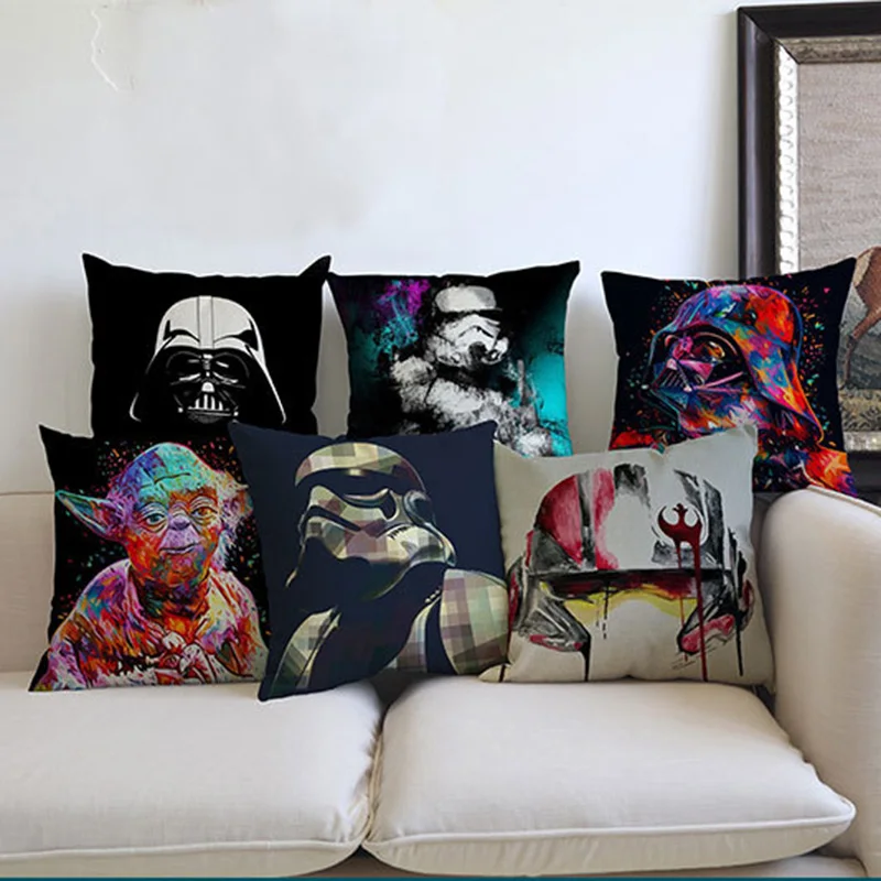 

Classic Film Star Wars Splash-ink Style Characters Symbol Pillow Case Stormtrooper Master Yoda Darth Vader 3PO Cushion Cover