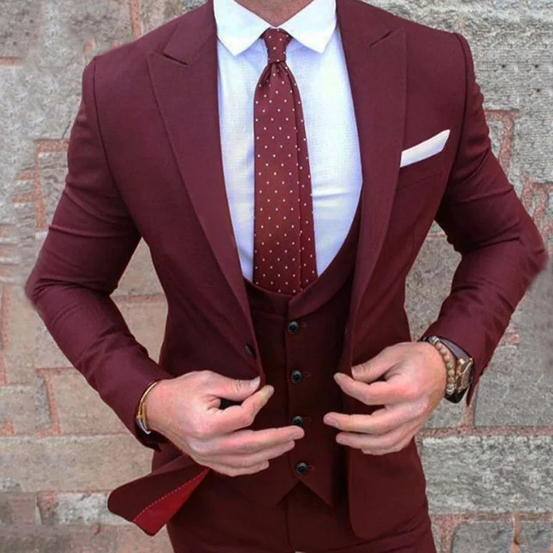 

Burgundy Men Suits Slim Fit Groom Wedding Tuxedos Ternos 3 Pieces (Jacket+Pants+Vest) Bridegroom Prom Man Blazers Costume Homme