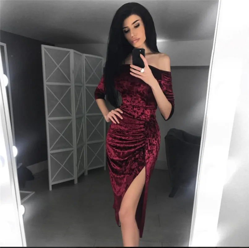 Sexy Off The Shoulder Women's High Split Summer Velvet Dress Stretch Knee Length Burgundy Dress Sexy Slim Velvet Party Dress
Sexy Off The Shoulder Women's High Split Summer Velvet Dress Stretch Knee Length Burgundy Dress Sexy Slim Velvet Party Dress
