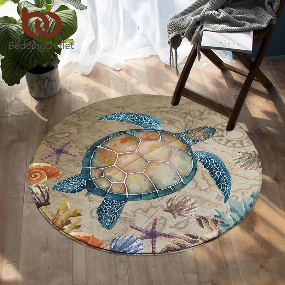 

BeddingOutlet Sea Turtle Round Carpet Map Tortoise Floor Mat Non-slip Starfish Shells Nautical Area Rugs Marine Animal tapetes