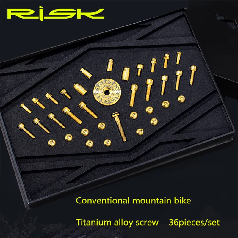 36Pcs RISK Mountain Bike Titanium Alloy Screw DIsc Brake /Stem/Water Bottle Cage/ Bicycle Derailleur Wire/Valve Cap/Fixing Bolts
36Pcs RISK Mountain Bike Titanium Alloy Screw DIsc Brake /Stem/Water Bottle Cage/ Bicycle Derailleur Wire/Valve Cap/Fixing Bolts