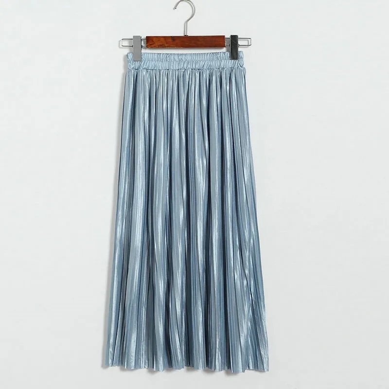Lustrous pleated skirt metallic mid-length skirt for women of fall 2017 new Korean style joker long skirt (11)