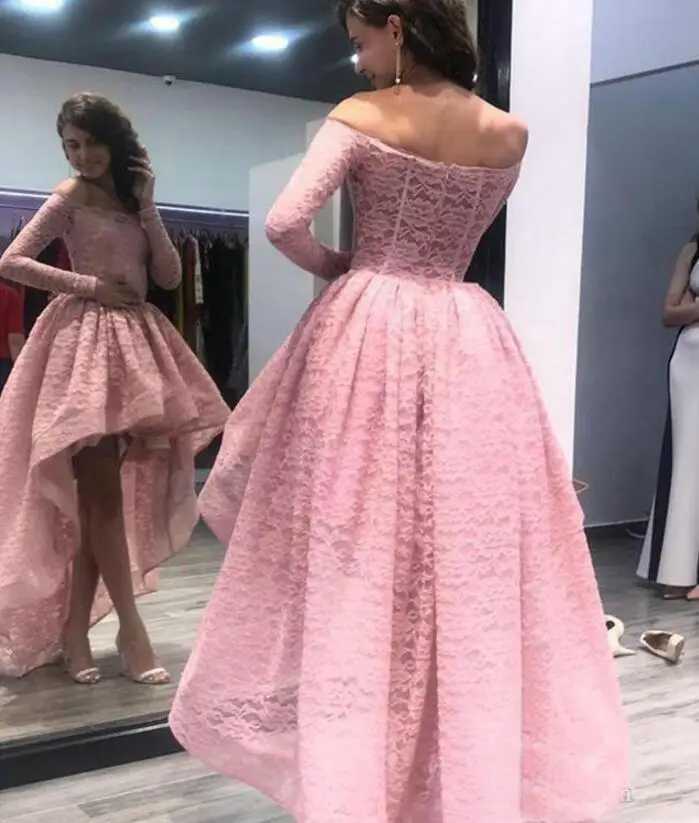 Cheap Lace High Low Evening Dress Off Shoulder Long Sleeves Formal Holiday Wear Prom Party Gown Custom Made Plus Size