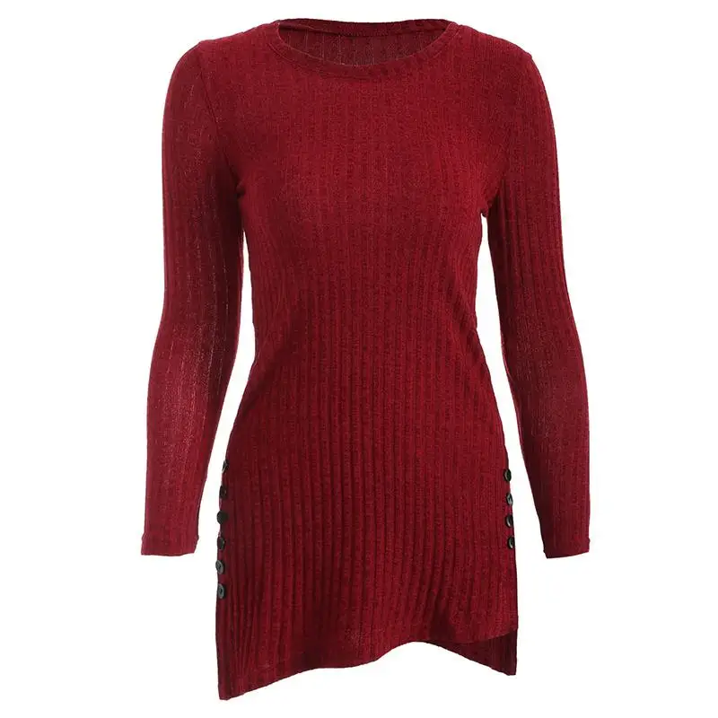 New Arrival Sweater For Women Winter O-Neck Long Sleeve Side Button Irregular Hem Solid Long Sweaters WS469C 9
