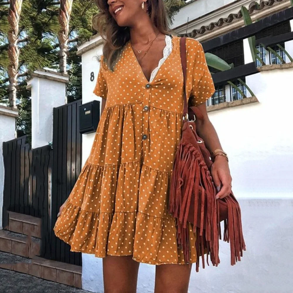 Women's Dot Dress Sexy Fashion Casual V-Neck Polka Dot Printed Short-Sleeved Mini Dress vestiti donna
Women's Dot Dress Sexy Fashion Casual V-Neck Polka Dot Printed Short-Sleeved Mini Dress vestiti donna