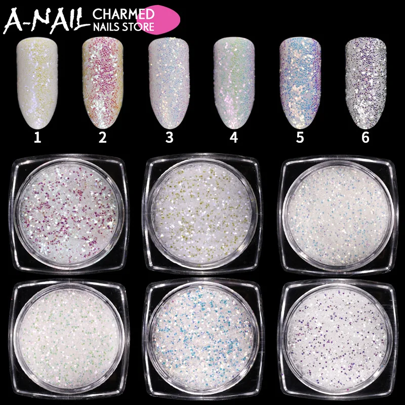 6Pcs White Holographic Aurora Nail Glitter Powder Colorful Unicorn Sequins 3d Charm Nail Art Pigment Decoration tools
6Pcs White Holographic Aurora Nail Glitter Powder Colorful Unicorn Sequins 3d Charm Nail Art Pigment Decoration tools