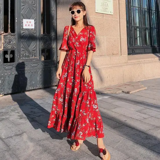 Female Floral Print Summer Dress Korean Women Short Sleeve Brick Red Flower Long Chiffon Dresses Female Sweet Vestidos Red AE571
Female Floral Print Summer Dress Korean Women Short Sleeve Brick Red Flower Long Chiffon Dresses Female Sweet Vestidos Red AE571