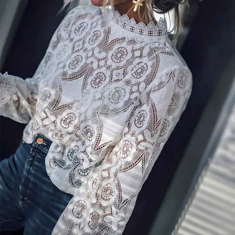 White Lace Crochet Transparent Women's Blouse Top Lantern Sleeve Hollow Out Stand Collar 2019 Summer Womens Blouses And Tops
White Lace Crochet Transparent Women's Blouse Top Lantern Sleeve Hollow Out Stand Collar 2019 Summer Womens Blouses And Tops