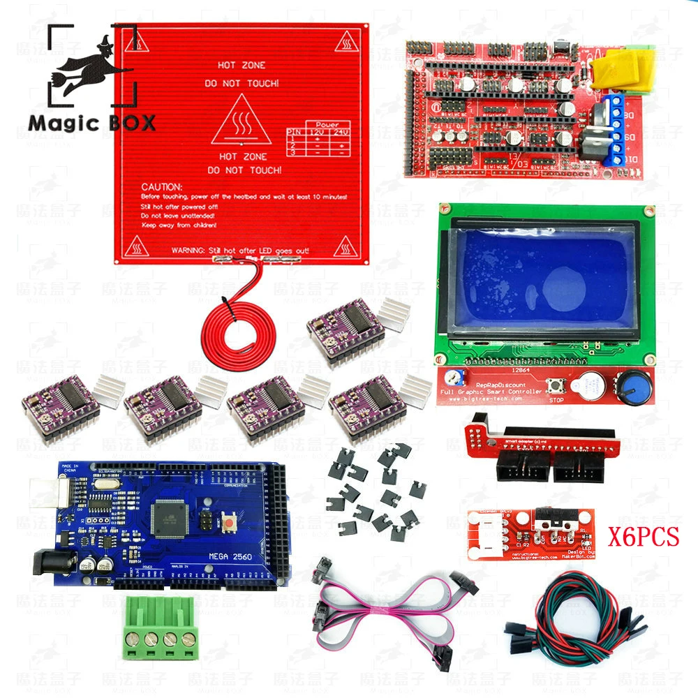 3D Printer kit 1set=Reprap Ramps 1.4 Kit With Mega 2560 r3 + Heatbed mk2b + 12864 LCD Controller + DRV8825 + Endstop + Cables
3D Printer kit 1set=Reprap Ramps 1.4 Kit With Mega 2560 r3 + Heatbed mk2b + 12864 LCD Controller + DRV8825 + Endstop + Cables