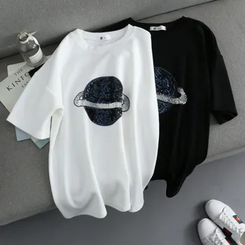 Sequins Planet Embroidered Cotton Blended Tees O-neck Saturn Handmade Beaded Short-sleeved T-shirt Bottoming Shirts Crop Tops
Sequins Planet Embroidered Cotton Blended Tees O-neck Saturn Handmade Beaded Short-sleeved T-shirt Bottoming Shirts Crop Tops