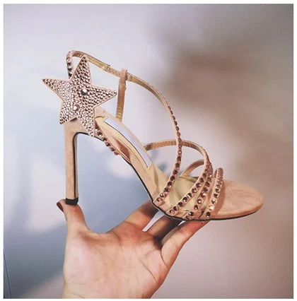 

Women Nude Crystal Banquet Shoes Glitter Star Embellished Hollow Out Sandals Narrow Band 10cm Heel Party Shoes