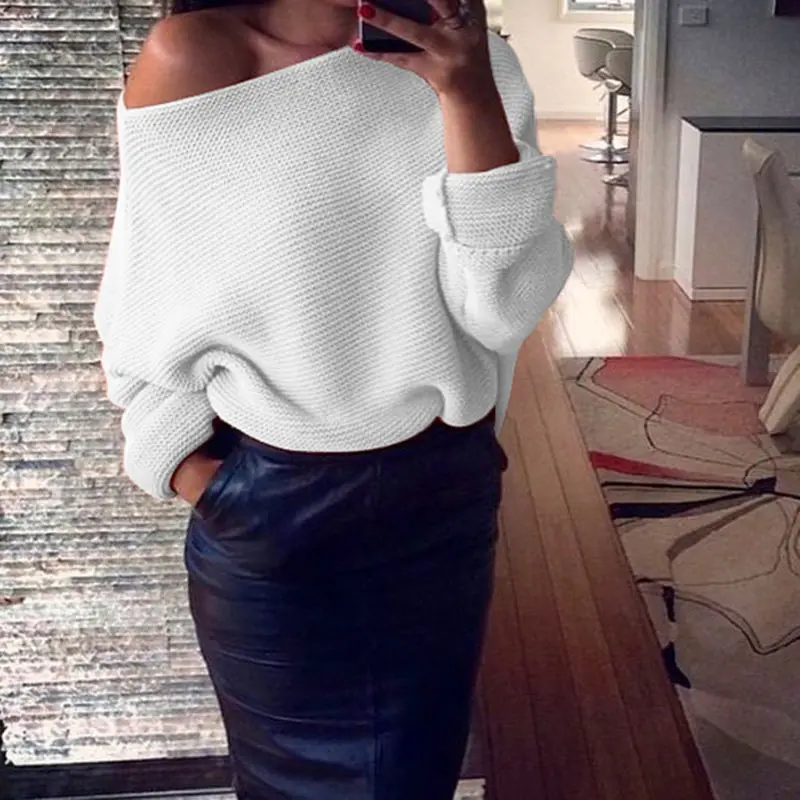 Sexy Off Shoulder Sweater Women Autumn 2018 Streetwear Solid Color Loose Round Neck Long Sleeve Pullover Tops Roupas Feminina (1)