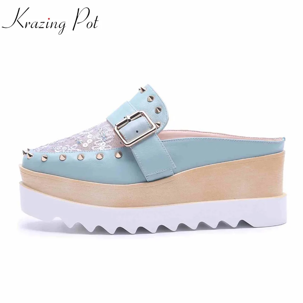 Krazing pot 2019 cow leather slip on slipper air mesh embroidery flowers thick bottom high heels rivets increased sandals L57
Krazing pot 2019 cow leather slip on slipper air mesh embroidery flowers thick bottom high heels rivets increased sandals L57
