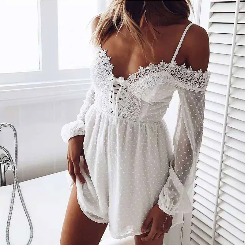 Women Sexy Lace Off Shoulder Playsuits Rompers V-Neck Long Sleeve Lace Up Jumpsuits Summer 2019 White Dot Elegant Short Overalls
Women Sexy Lace Off Shoulder Playsuits Rompers V-Neck Long Sleeve Lace Up Jumpsuits Summer 2019 White Dot Elegant Short Overalls