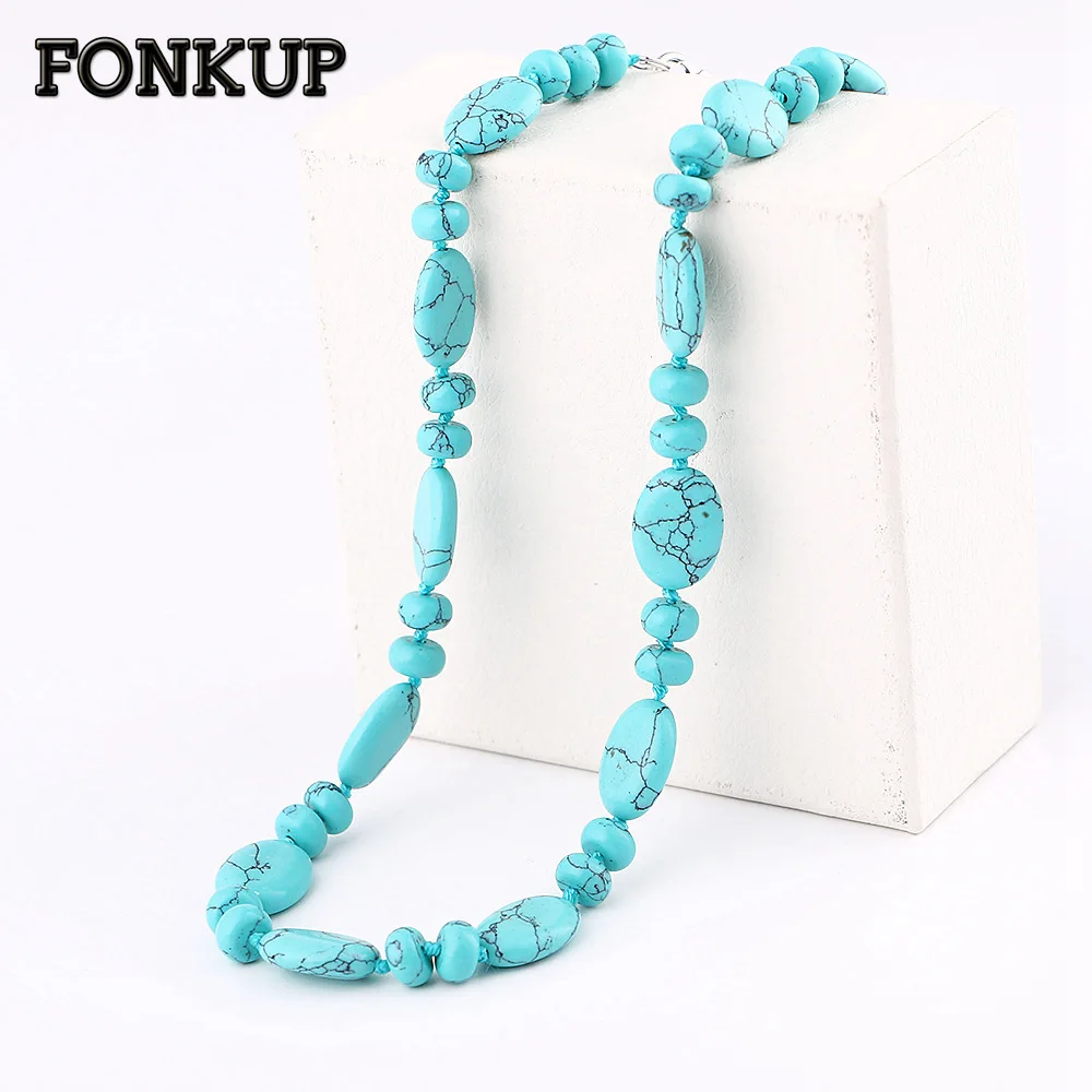 Fonkup Natural Turquoise Necklaces Punk Women Bead Chain Stone Gem Female Fine Jewellery Irregular Geometry Colar Masculino Gift | Украшения