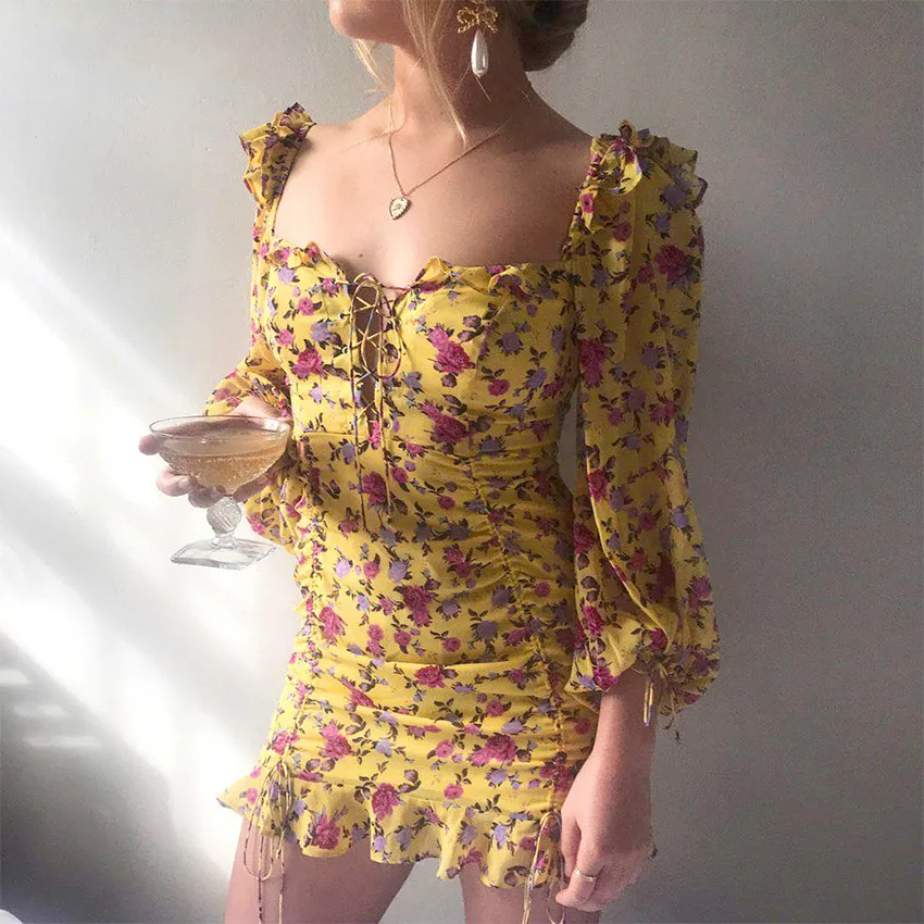 Ruffle Off Shoulder Summer Dress Women Lace Up Yellow Floral Print Spring Long Sleeve Casual Chiffon Mini Dresses Ladies
Ruffle Off Shoulder Summer Dress Women Lace Up Yellow Floral Print Spring Long Sleeve Casual Chiffon Mini Dresses Ladies