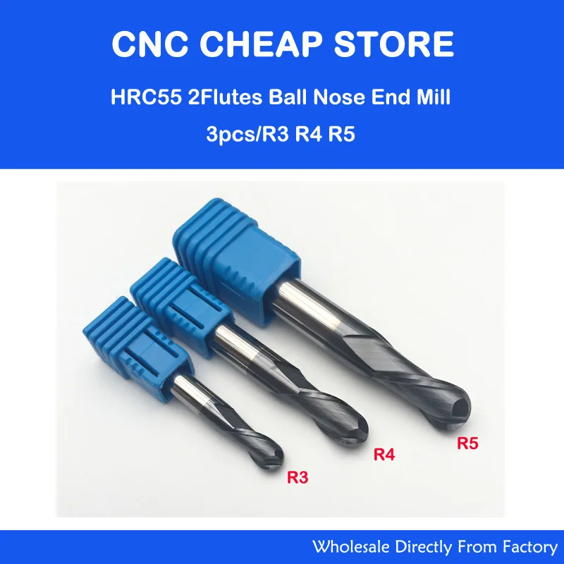 

3PCS HRC55 Tungsten Steel Carbide double flute End Mill Bit Milling Cutter Tools Ball Nose CNC Router R3 R4 R5mm