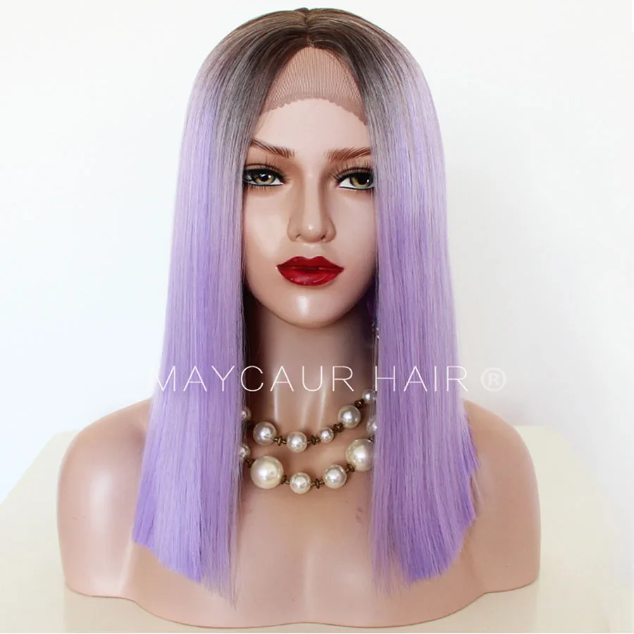 Maycaur Natural Black White Purple Ombre Color Synthetic Lace Front Wigs Short Cut Bob Wig Glueless Straight Hair (1)