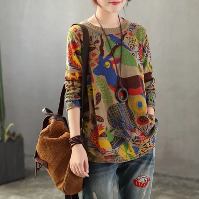 2019 autumn new long-sleeved retro knit sweater women's o-neck autumn printed sweater pullover CSMM qxh
2019 autumn new long-sleeved retro knit sweater women's o-neck autumn printed sweater pullover CSMM qxh