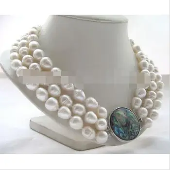 

Beautiful 17-19" 3row 14mm white baroque rice freshwater pearl necklace - abalone shell clasp